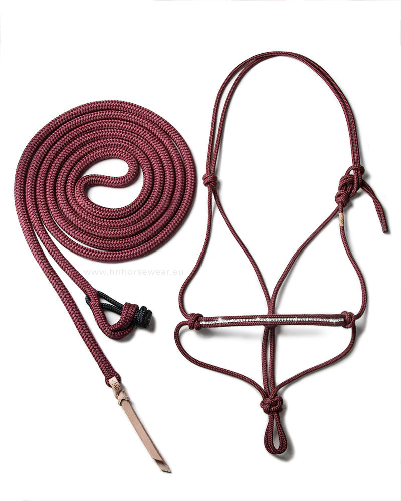 rhinestone inlay rope halter and matching quick knot lead rope in the colour oxblood (burgundy reddish brown)