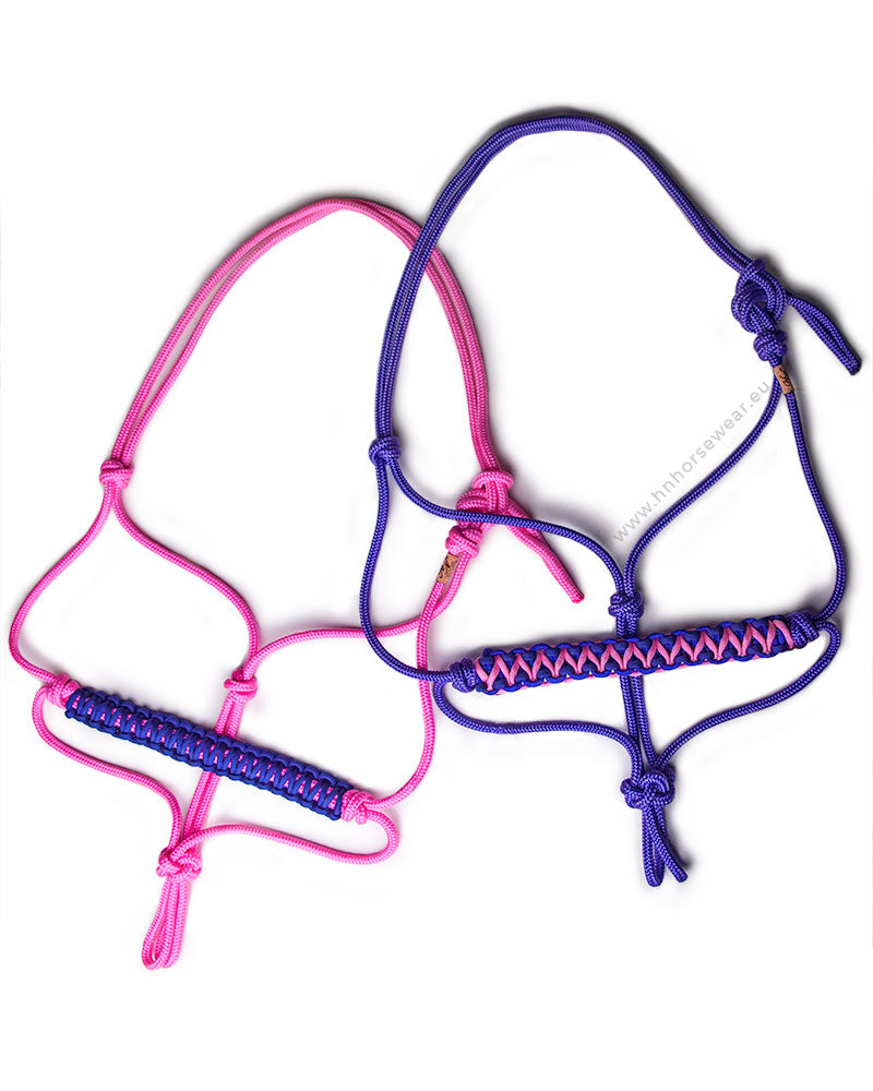 pink and purple rope halters with cobra and dragon braided noseband