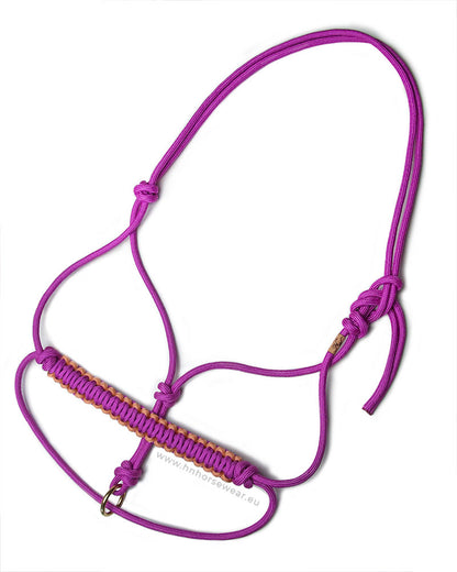 Rope halter in the colour Hibiscus with brass sliding ring and cobra braid in the colour Hibiscus Pink adn Rosey Copper