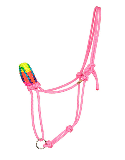 Neon Thulite sliding ring rope halter with nickel ring and neon rainbow/neon rainbow noseband