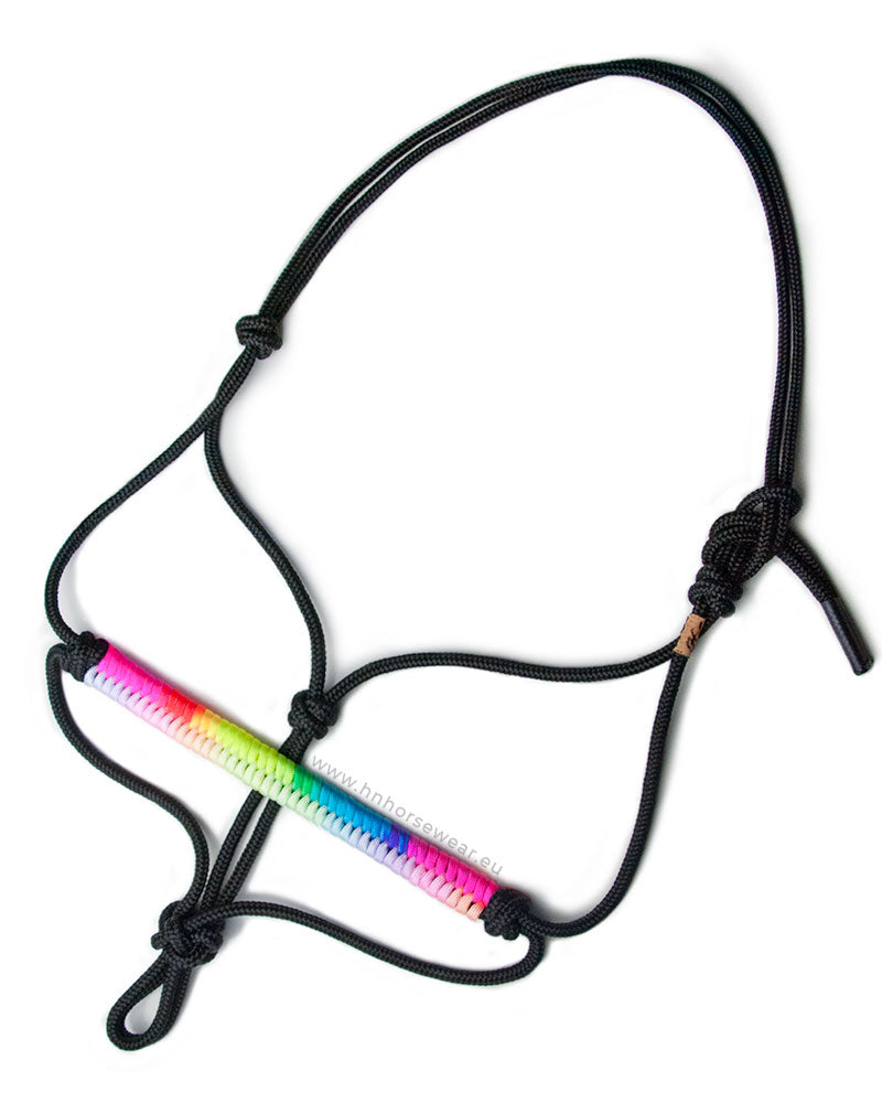 Rope halter in the colour Onyx Black with Split wrap noseband in the colours Neon Rainbow and Pastel Rainbow